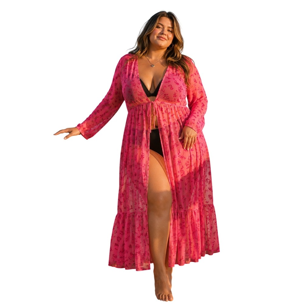 Torrid X Betsey Johnson Womens Maxi Dress Mesh Flocked Duster Swim Coverup 2x